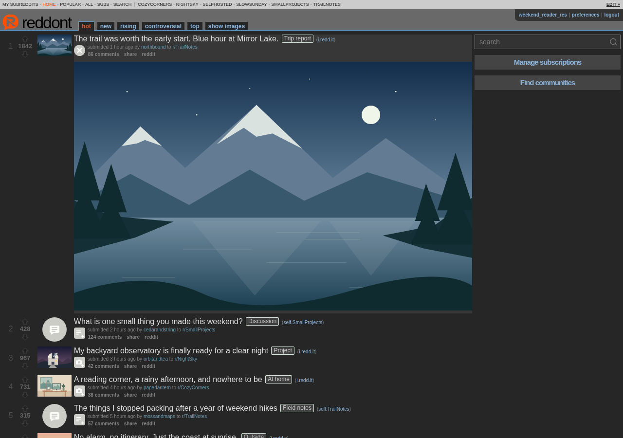 reddont in its night theme, with fictional posts and an expanded landscape illustration