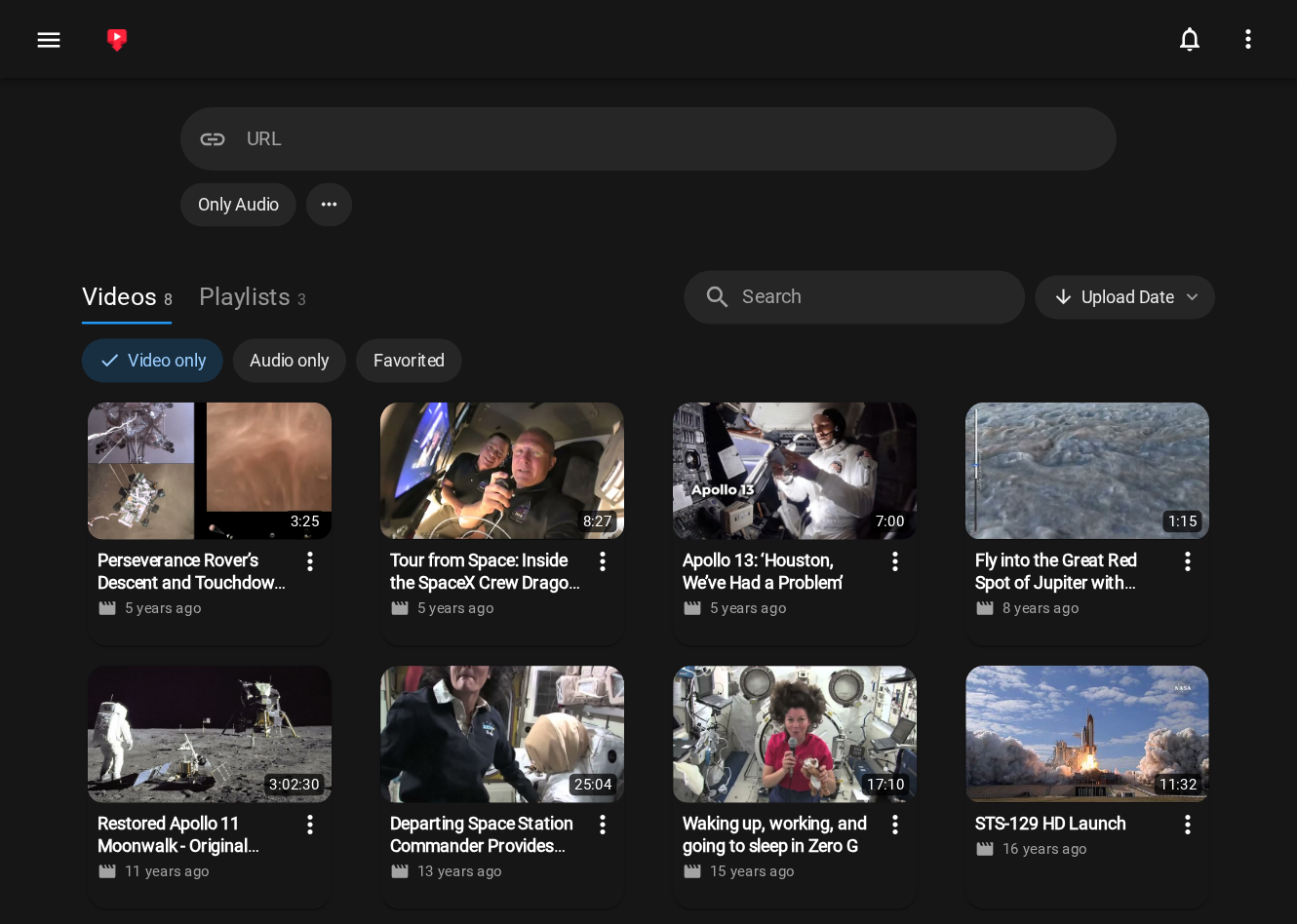 The ytdl-material library, with video thumbnails and upload-date sorting
